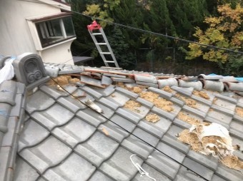 葛城市 雨漏りの瓦屋根 棟瓦撤去