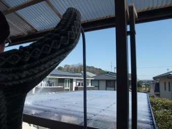 張り替えた波板屋根に散水テスト