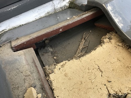 壁際の瓦下の下葺材の状態を確認