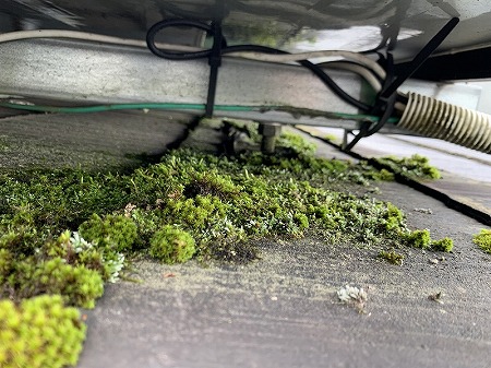 奈良県宇陀市で屋根点検、再塗装済みフルベスト24に端部割れと棟板金欠損、太陽光下の苔を確認