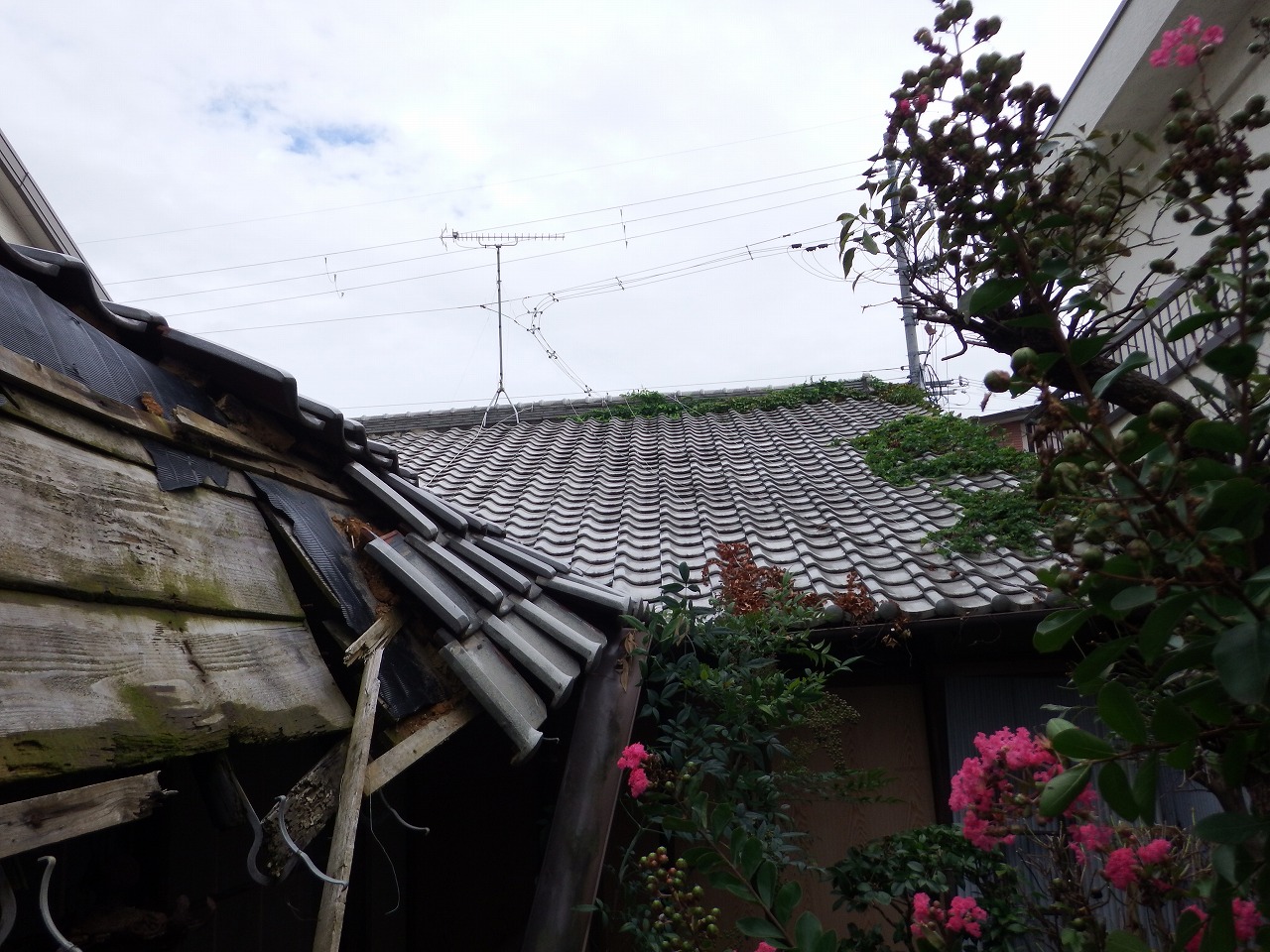 奈良市川久保町の老朽化で崩れた瓦屋根