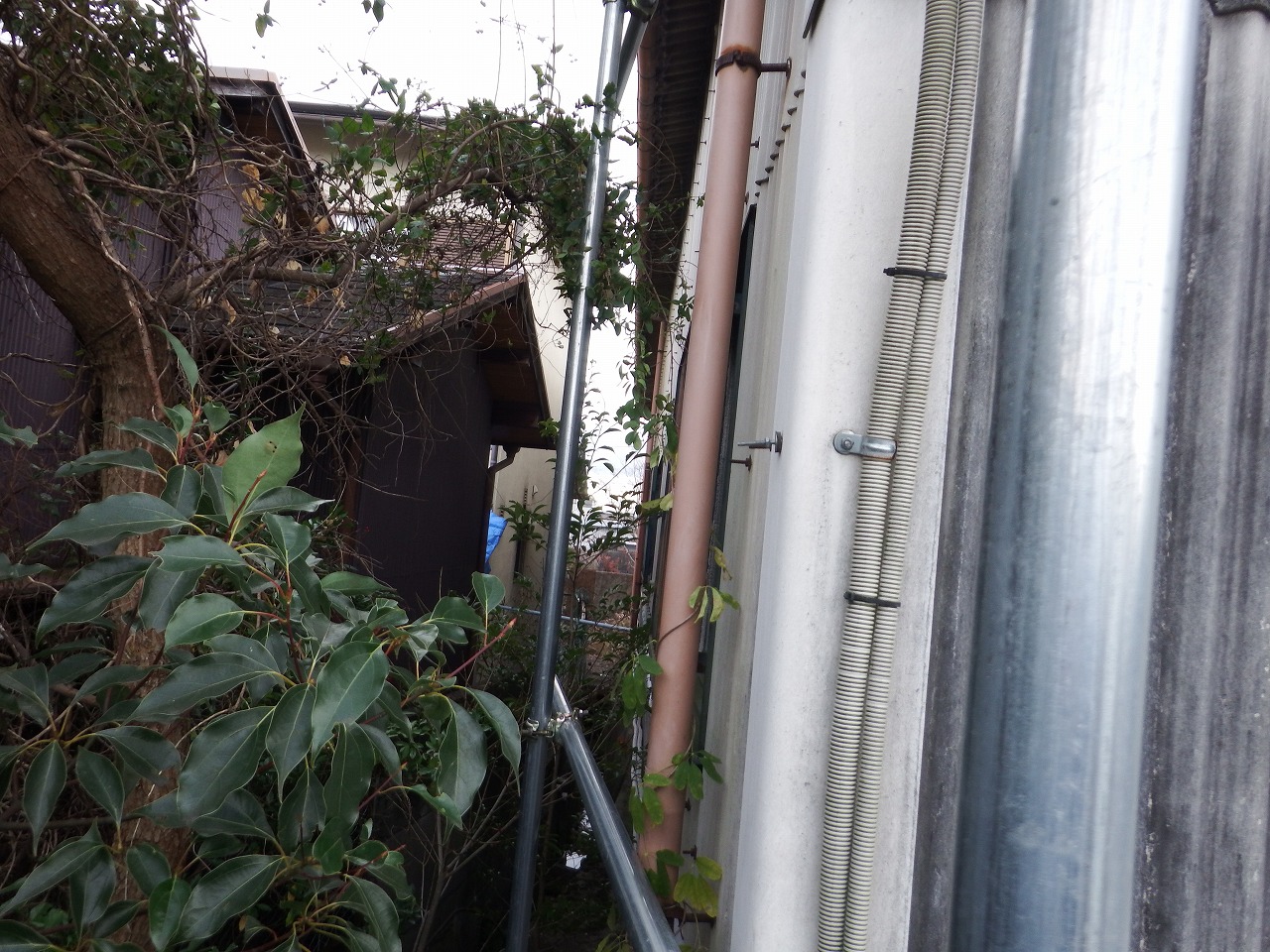 奈良市古市町で庇・外壁工事、足場組み立て