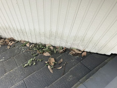 生駒市でカラーベスト点検を実施、割れた屋根材と防水テープ補修跡、落ち葉詰まりや配線の滞水リスクを確認